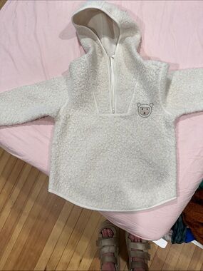 Kids Cream Sherpa Hoodie with Bear Patch